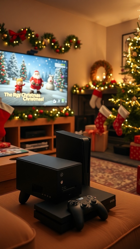 A cozy Christmas gaming setup with a decorated tree and a TV showing a festive video game.